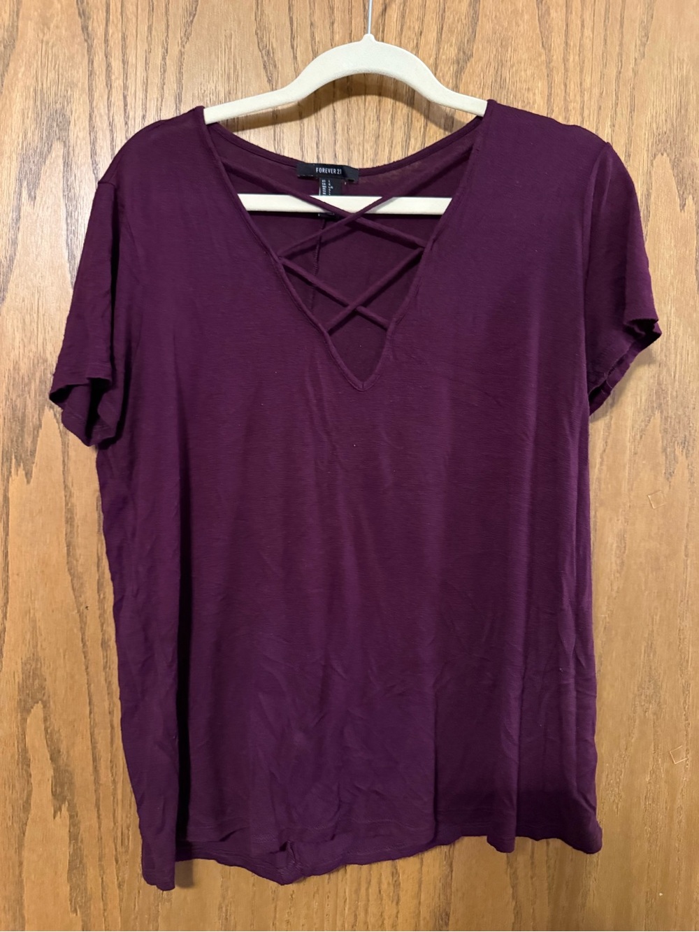 Forever 21 Dark Plum Crisscross V-Neck Short Sleeve Top